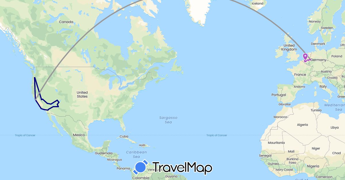 TravelMap itinerary: driving, plane, train, boat in Belgium, Germany, United States (Europe, North America)